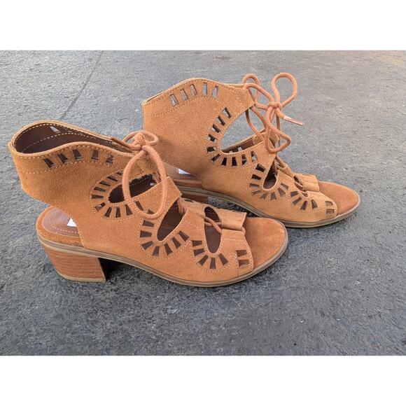 Steve Madden Morocco Leather Gladiator Low Block Heel Lace Up Cut Out Sandals 7 - Picture 2 of 7